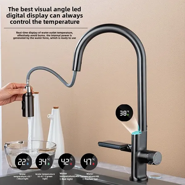Digital Display Pull Out Waterfall Kitchen Faucet-2