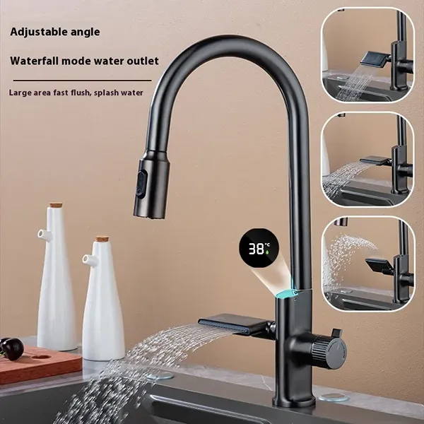 Digital Display Pull Out Waterfall Kitchen Faucet-3