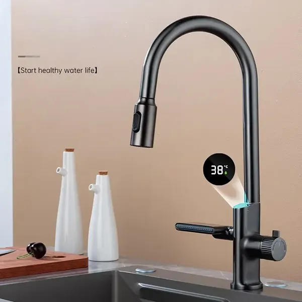 Digital Display Pull Out Waterfall Kitchen Faucet-5