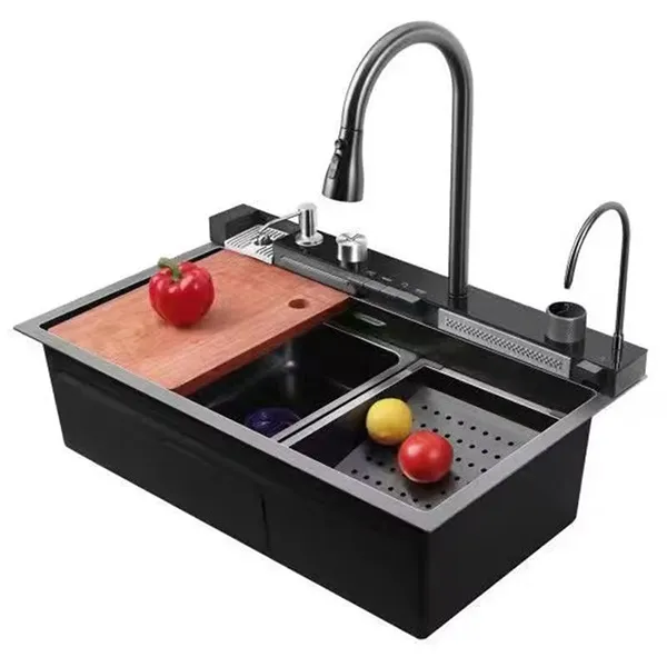 Stainless Steel Single Slot Kitchen Sink Thickened Dish Washing Digital Display Nano Piano Honeycomb Flying Square Faucet-1