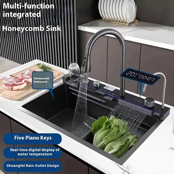 Stainless Steel Single Slot Kitchen Sink Thickened Dish Washing Digital Display Nano Piano Honeycomb Flying Square Faucet-5