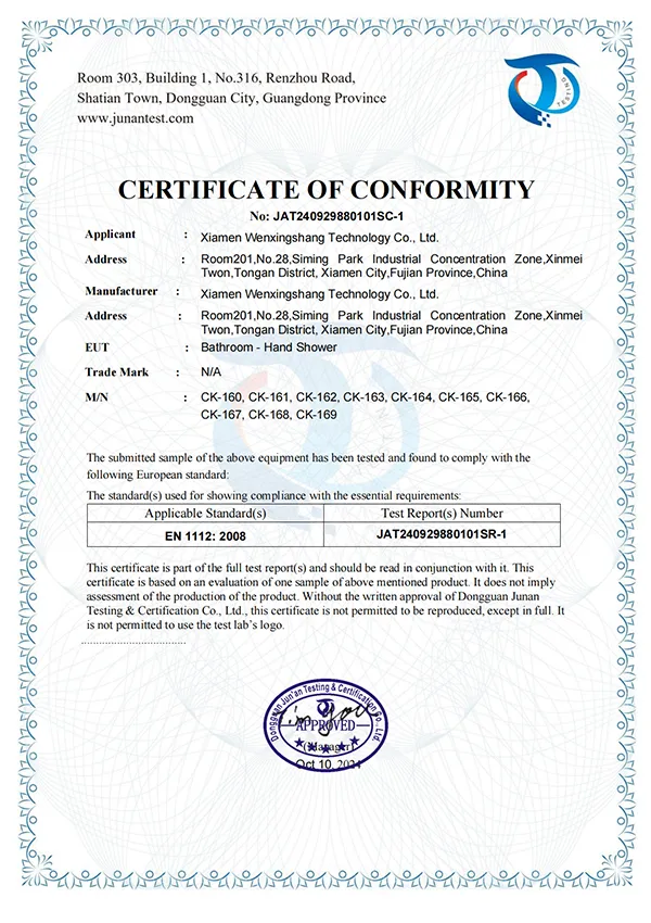 Verification of Conformity for Shower hand