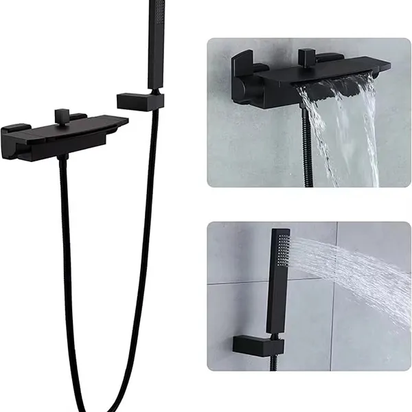 Wall Mounted Brass High Flow Black Gold Tub Filler Matte Black Waterfall Bathtub Faucet Mixer-2