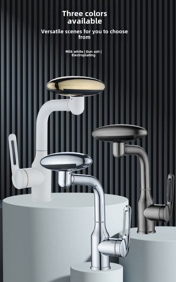 Our 4-mode multifunctional bathroom sink faucet comes in 3 elegant finishes: milk white, gun ash, and electroplating, matching diverse bathroom styles.