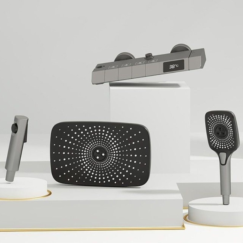 4-mode shower set with rain shower, handheld shower, bidet spray, and digital temperature control panel.