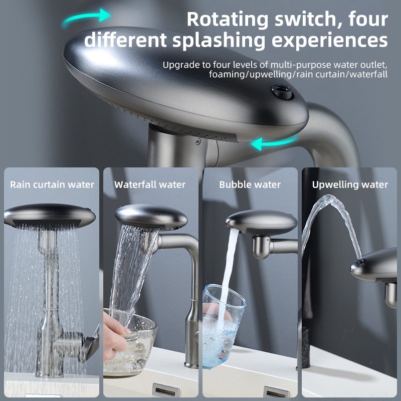 4-in-1 bathroom sink tap with multiple water modes, 360ยฐ swivel, and single-lever operation. Sleek and practical for daily use.