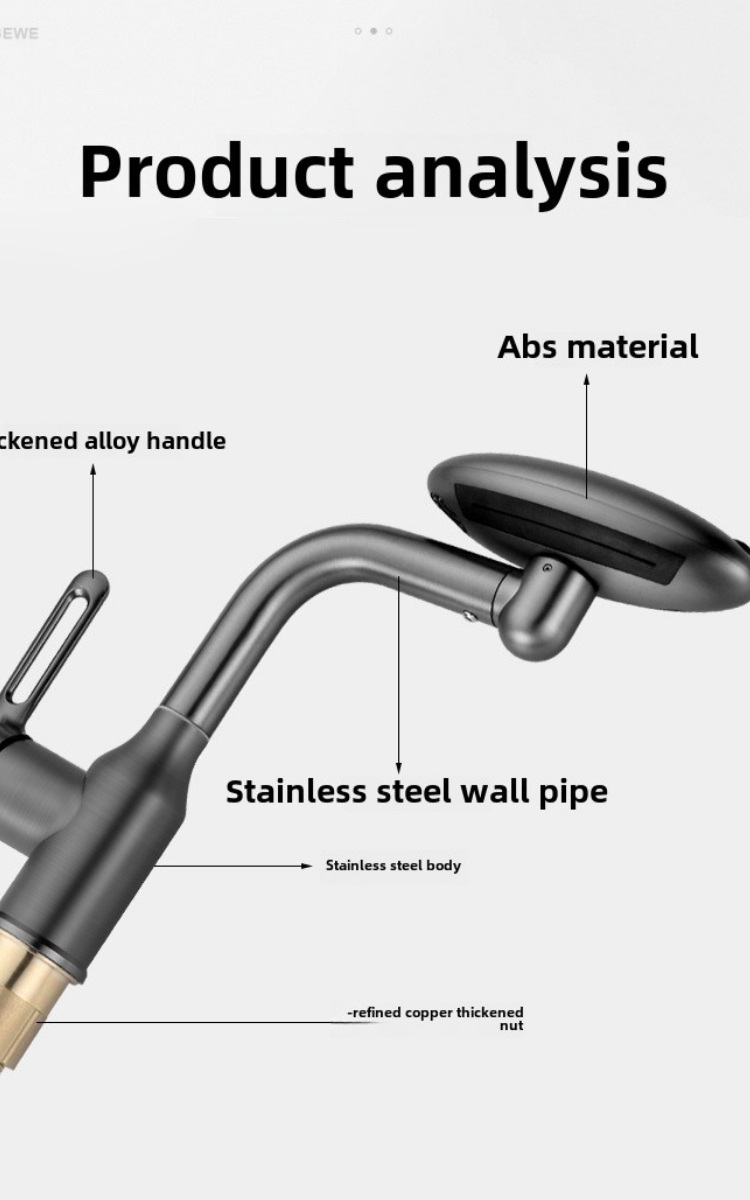Stainless steel body, alloy handle, ABS outlet, refined copper nut.