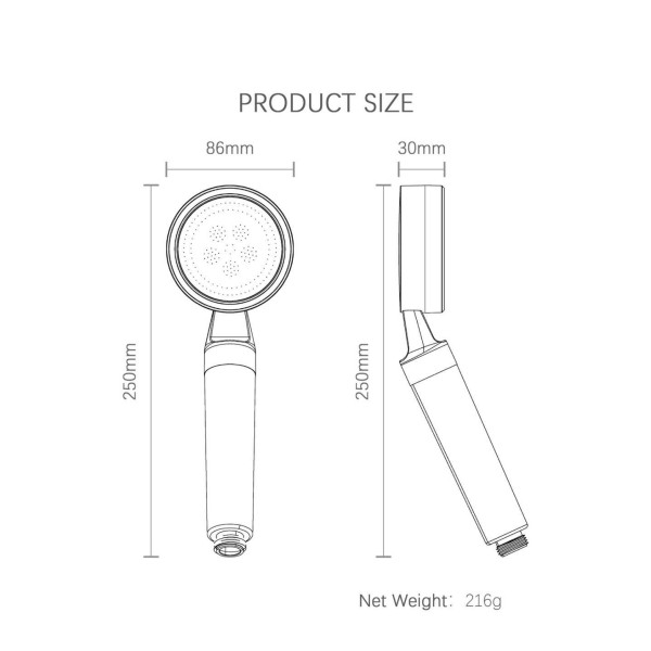 250ร86mm dimensions, 216g net weight, standard threaded connection.