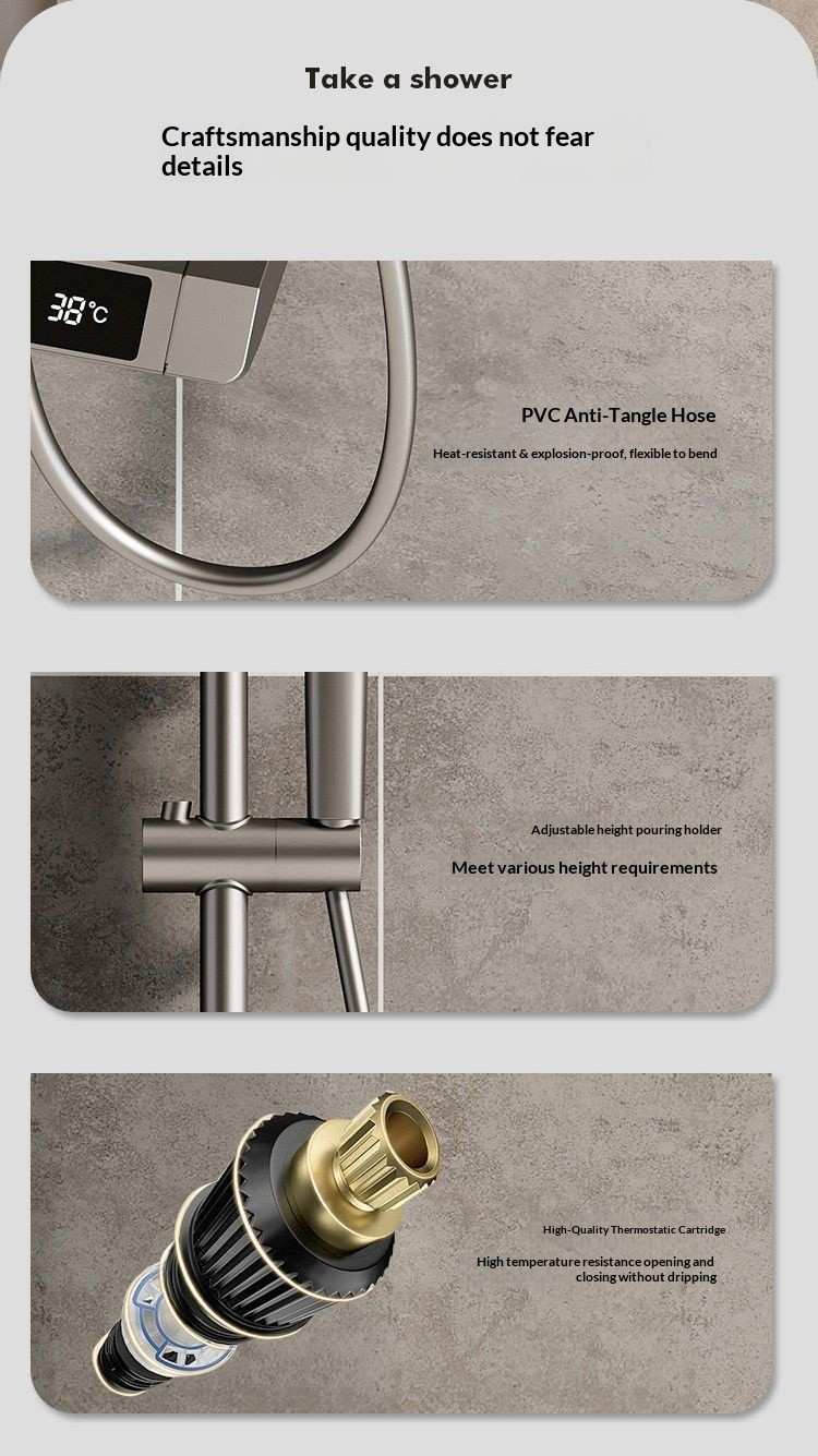 Anti-tangle hose, adjustable holder, and thermostatic cartridge for reliable, drip-free showering.