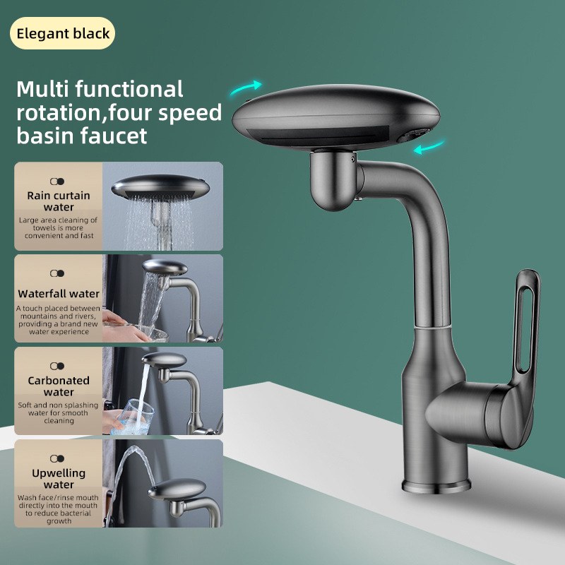 Elegant black bathroom faucet with 4 water modes (rain curtain/waterfall/carbonated/upwelling) and 360ยฐ rotation, ideal for daily use.