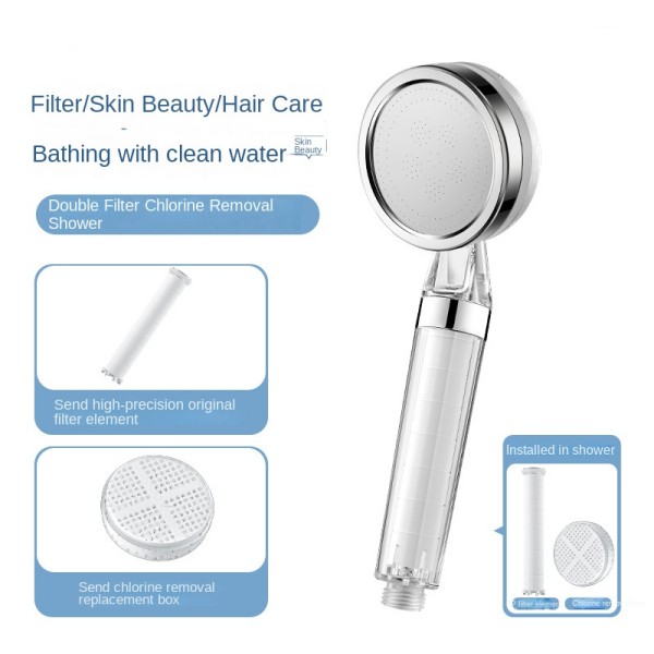 Double filter chlorine removal, comes with original and replacement filter cartridges.