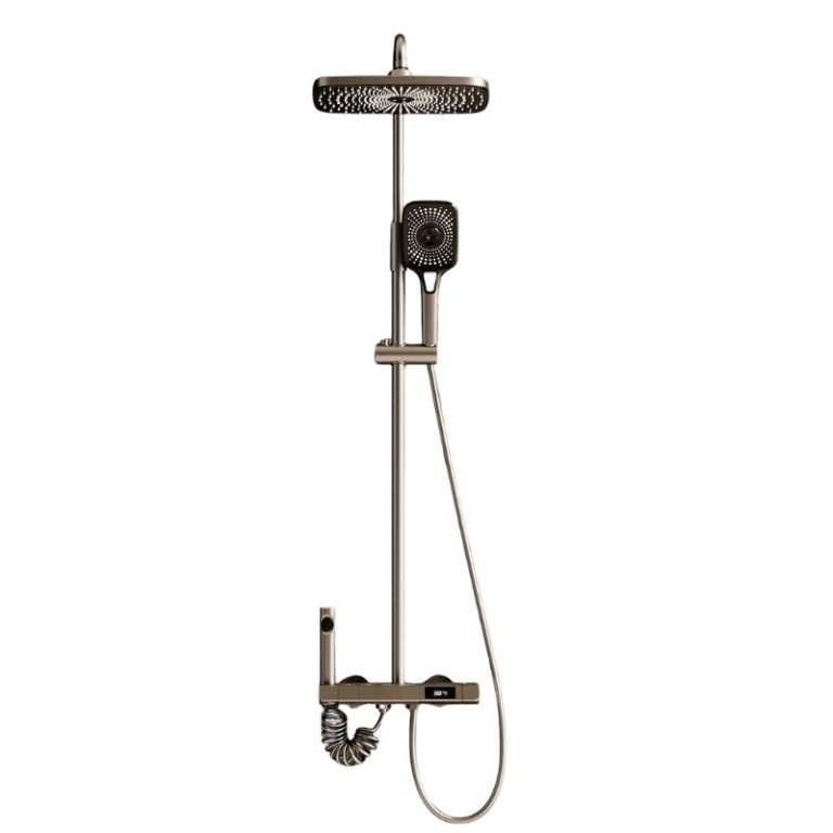 Sleek black-gold wall-mounted shower system with LED digital display, multi-function rainfall, waterfall and handheld shower modes, modern luxury bathroom fixture.