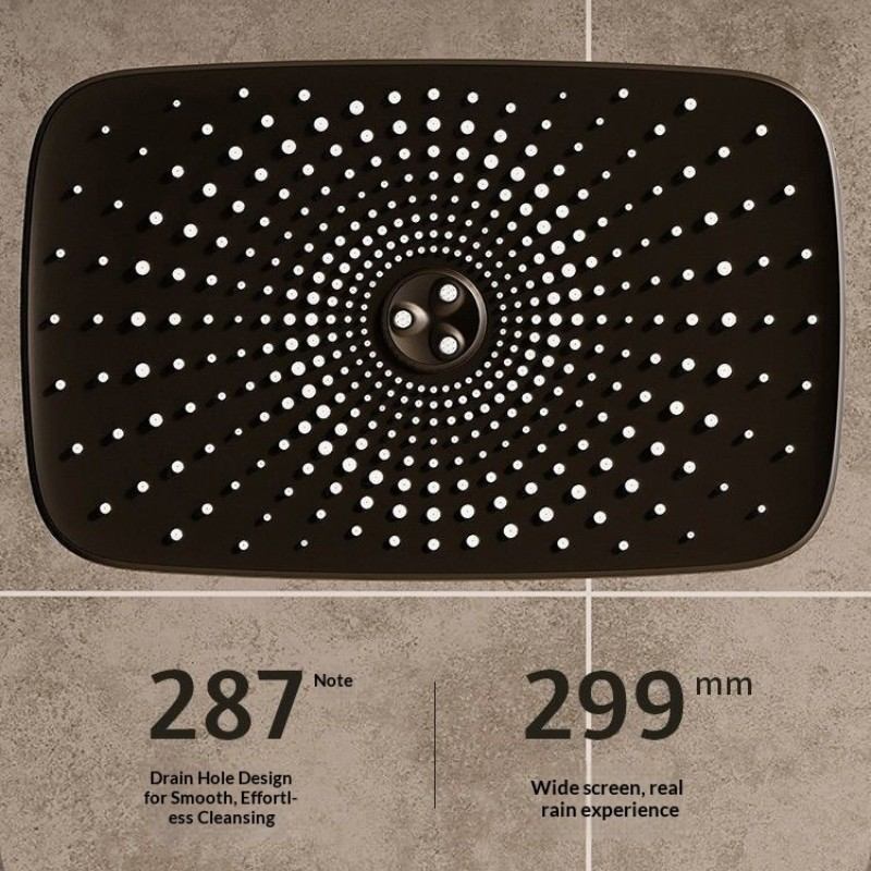 299mm wide screen, power wash function, and easy-clean drain holes for a luxurious rain shower.